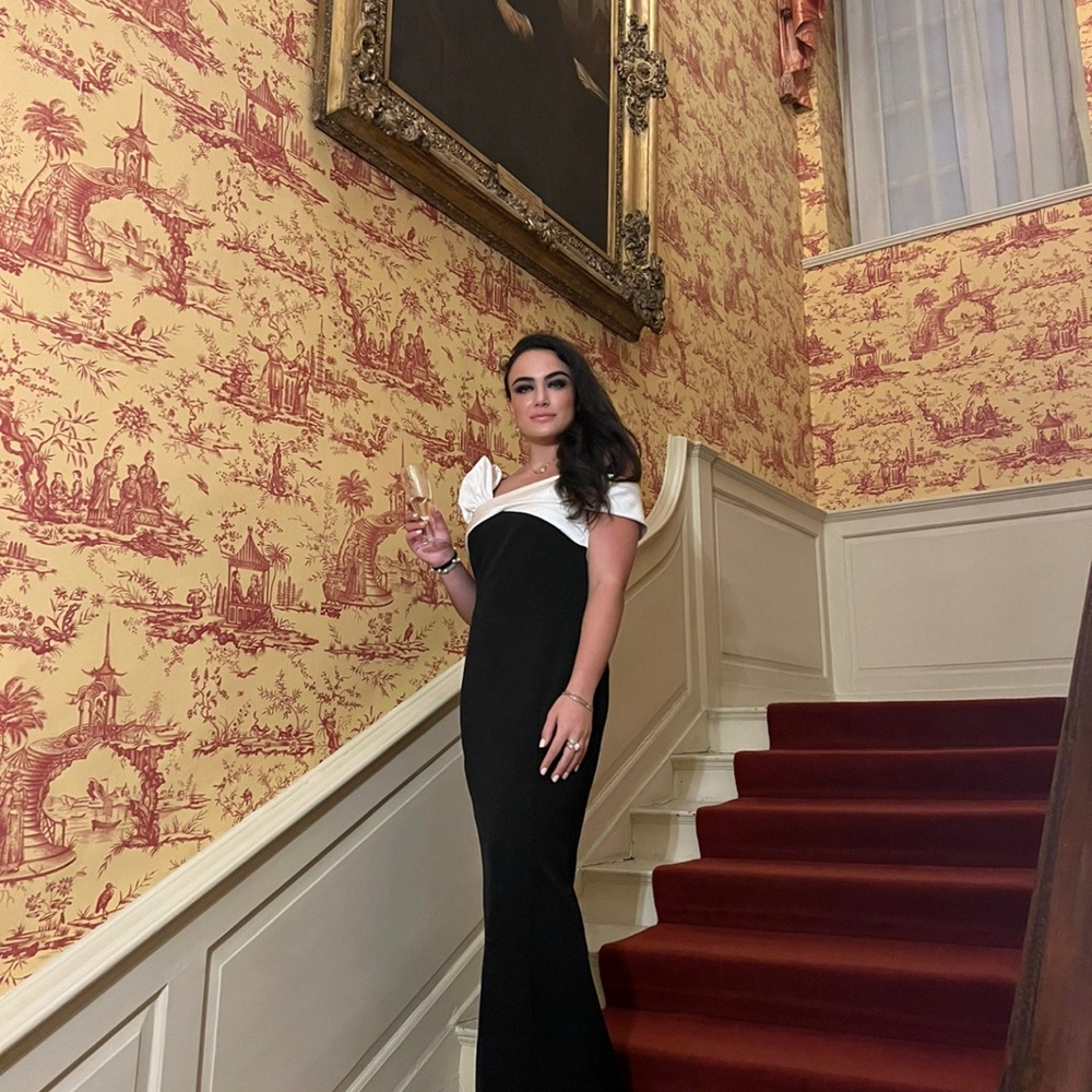 MARINA Black and White Sleeveless Sweetheart Maxi Gown